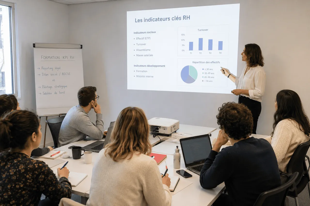 groupe de consultants en ressources humaines qui suivent une formation sur les KPI RH